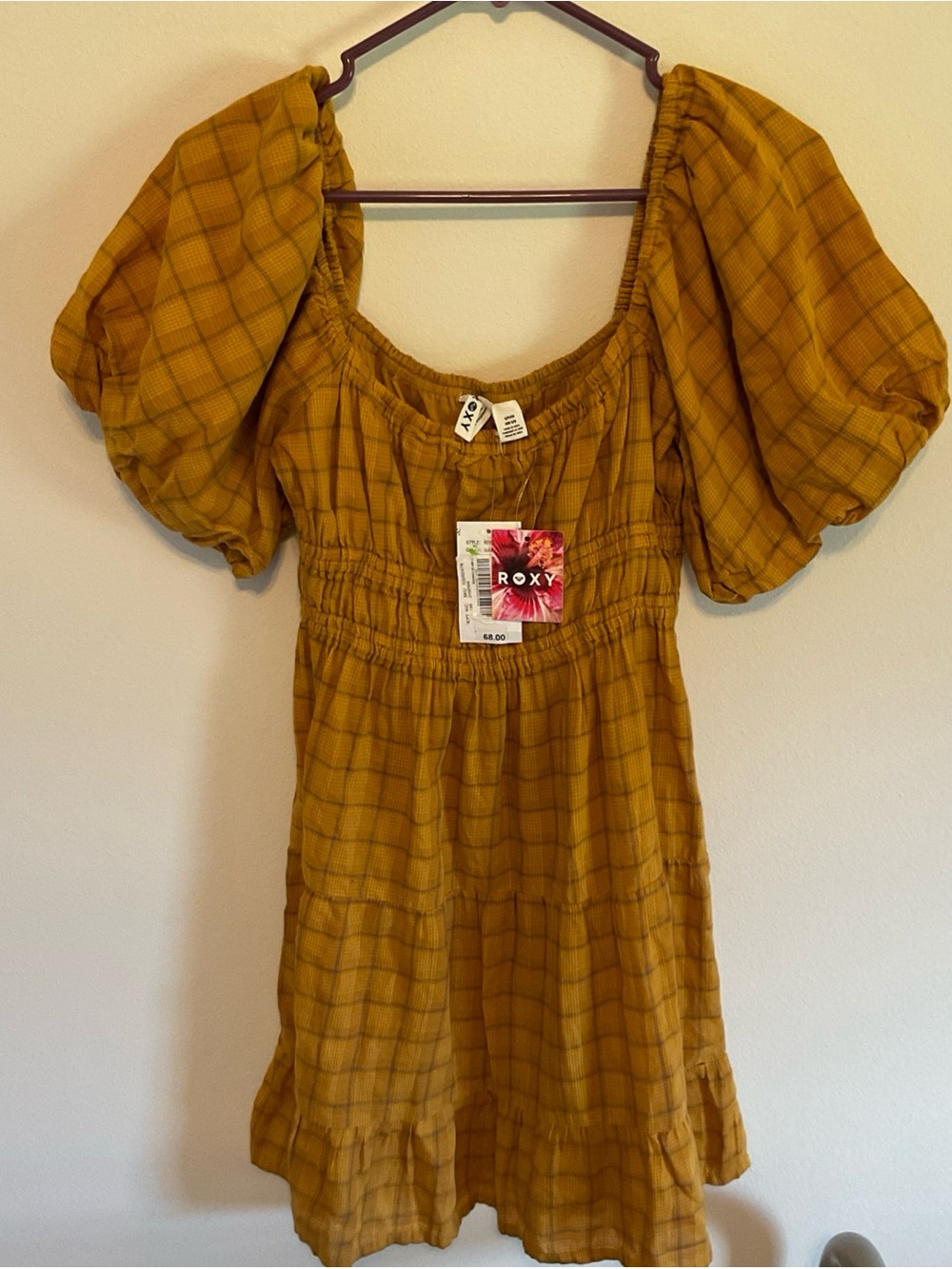 Roxy Women's Mustard Plaid Puff-Sleeve Mini Dress size S NWT